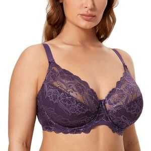 DELIMIRA Womens Plus Size Full Coverage Lace Underwire Unlined Bra 38G Deep Plum